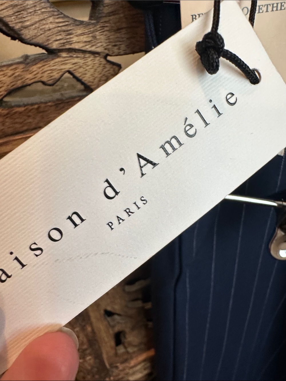Tailored Navy Pinstripe Midi Skirt-Maison d' Amelie Size 8 - Picture 3 of 5